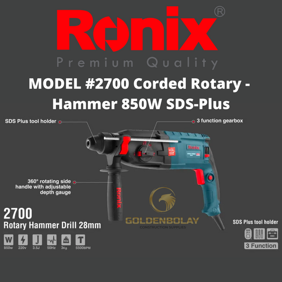 Ronix Corded Rotary Hammer,1250W, SDS-Plus Model #2700