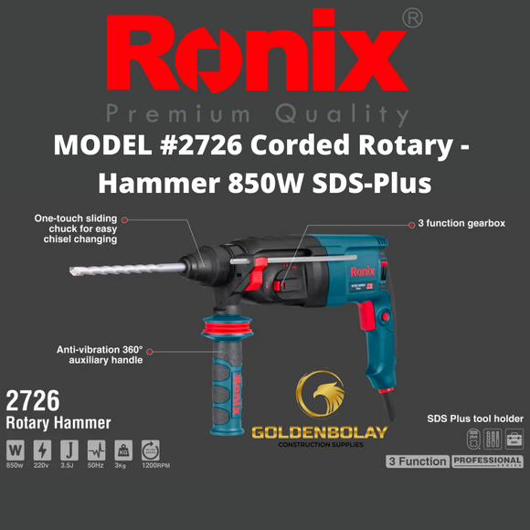 Ronix Corded Rotary Hammer, 850W, SDS-Plus Model #2726