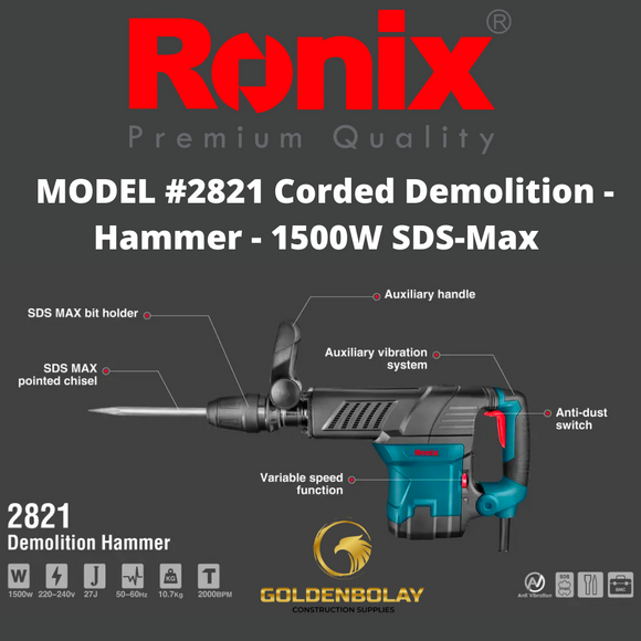 Ronix Corded Demolition Hammer, 1500W, SDS-Max  Model #2821