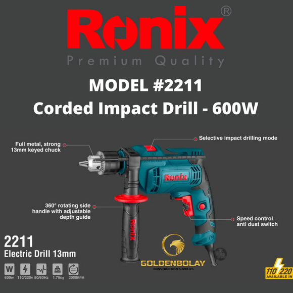 RONIX Corded Impact Drill, 600W, 220V   MODEL #2211