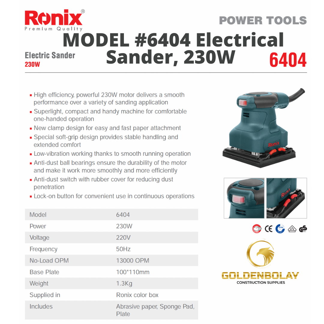 Ronix Wood Working Machine Model 6404 230W 110mm with Sanding Paper Mini Electric Sander