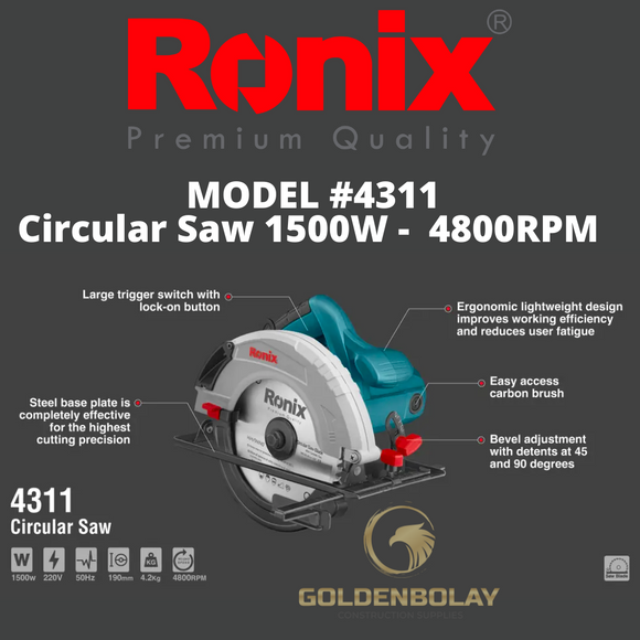 Ronix Circular Saw, 1500W, 4800RPM  Model #4311