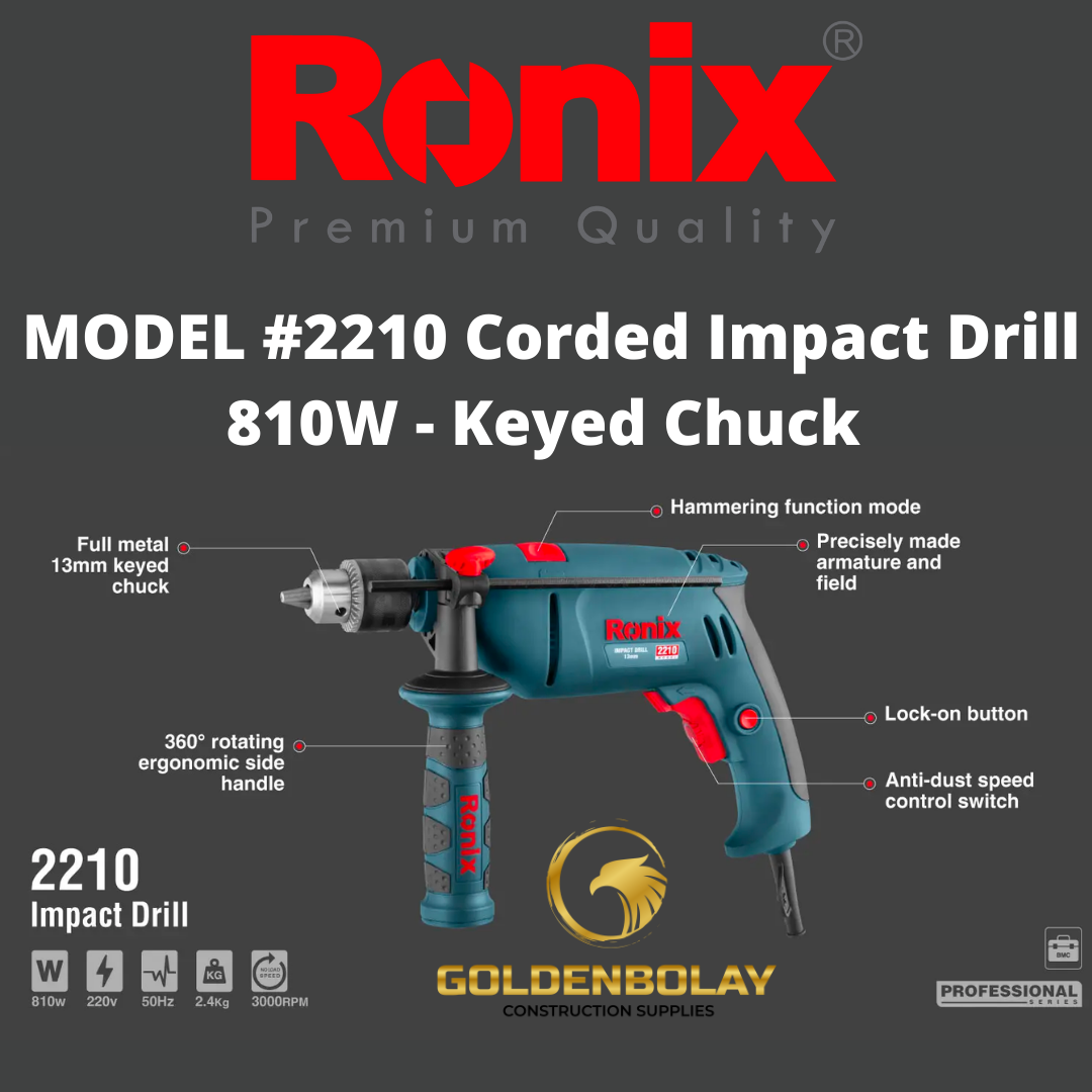 Impact Drill 13mm Keyed Ronix 2210 Model 810W 3000rpm Drilling Machine Electric Hammer Drill
