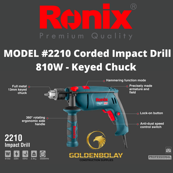 RONIX Corded Impact Drill, 810W, Keyed Chuck MODEL #2210