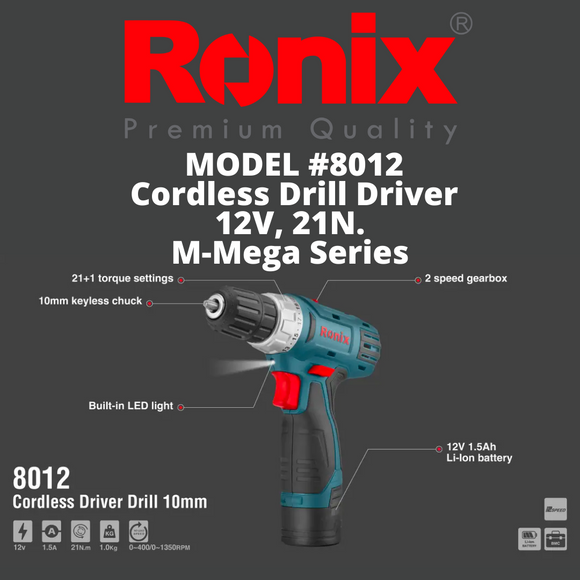 Ronix Cordless Drill Driver, 12V, 21N.M-Mega Series  Model #8012