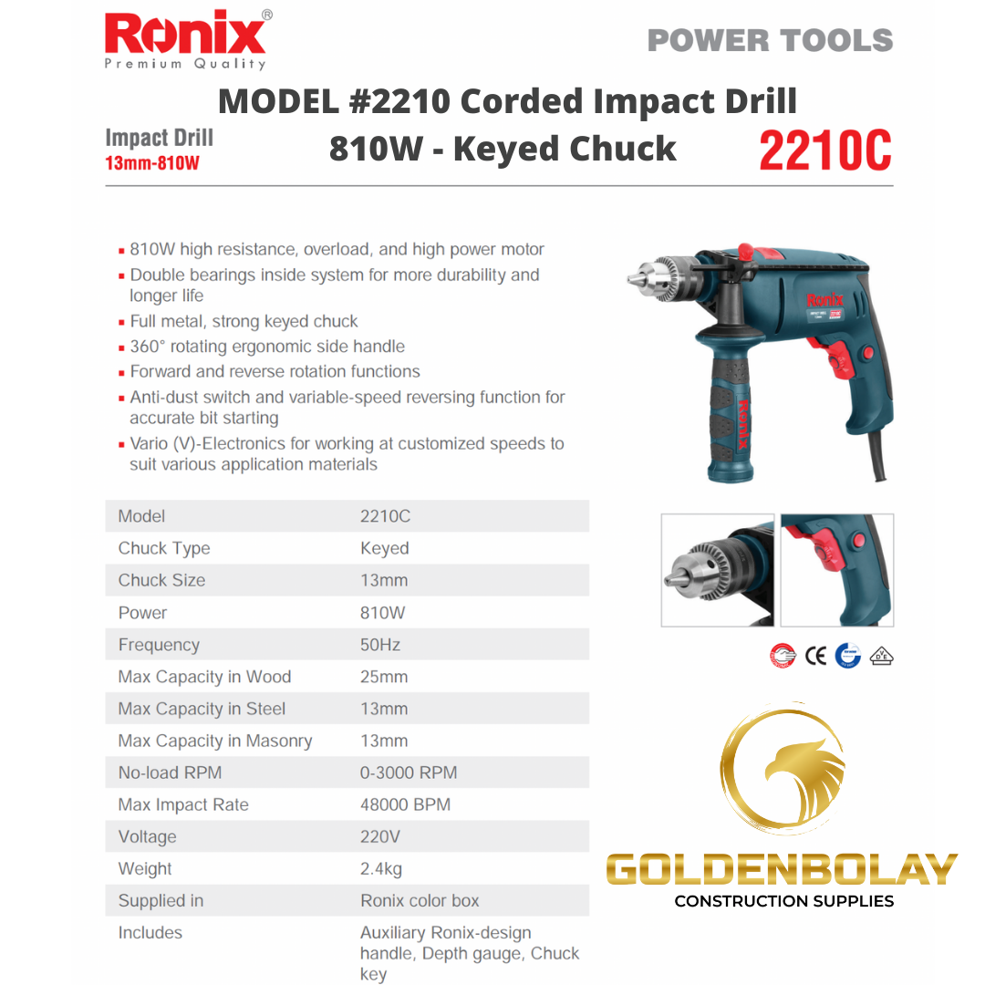 Ronix Power Tools Model 2210c 13mm 810W Impact Drill