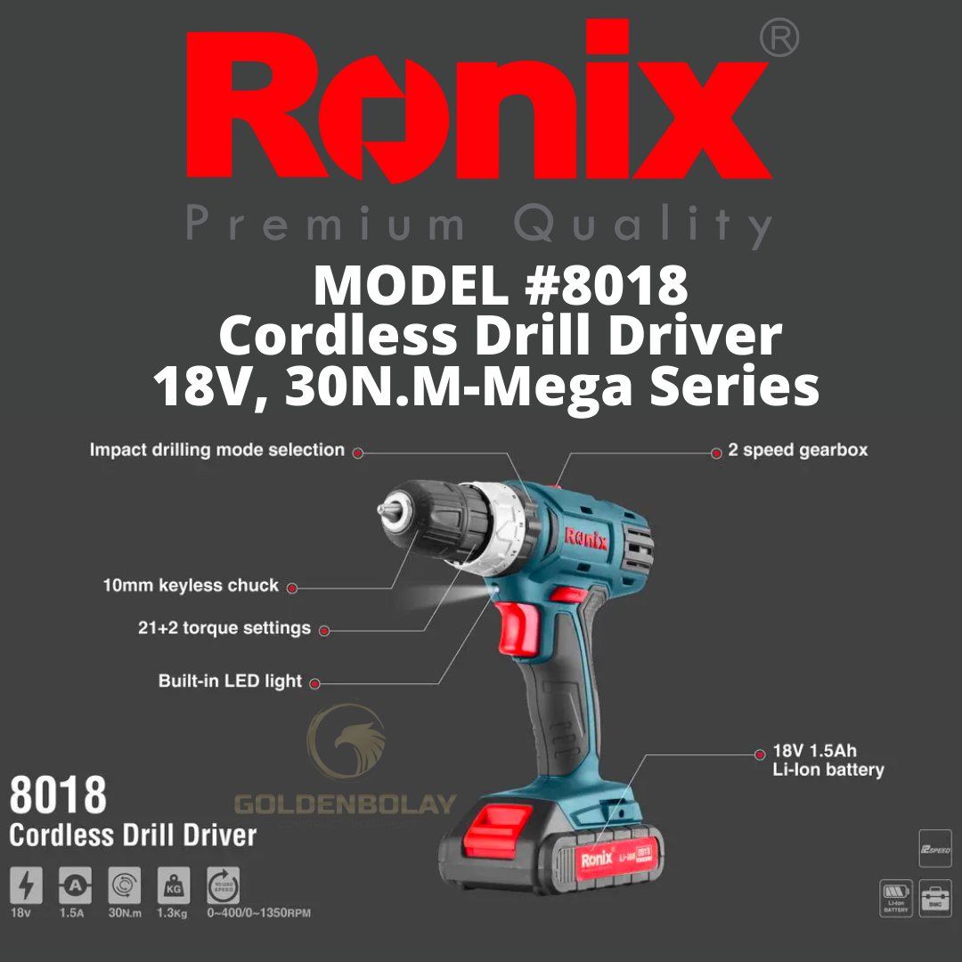 Ronix High Quality Model 8618n Two 18V Li-ion Batteries 10mm Cordless Drill Driver