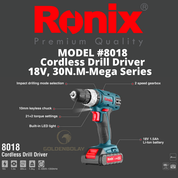 Ronix Cordless Drill Driver, 18V, 30N.M-Mega Series  Model #8018