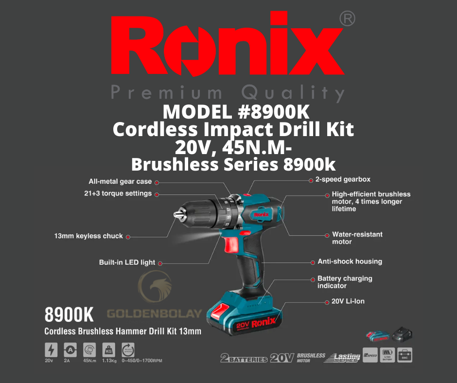 Ronix Model 8900K 20V 1700rpm High Quality Impact Drill