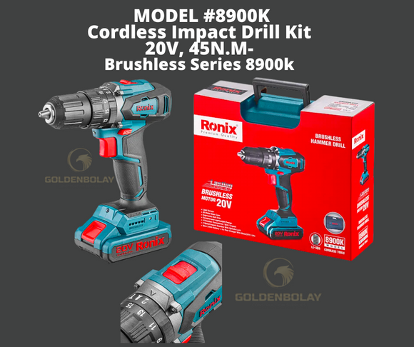 Ronix Cordless Impact Drill Kit, 20V, 45N.M-Brushless Series Model #8900k