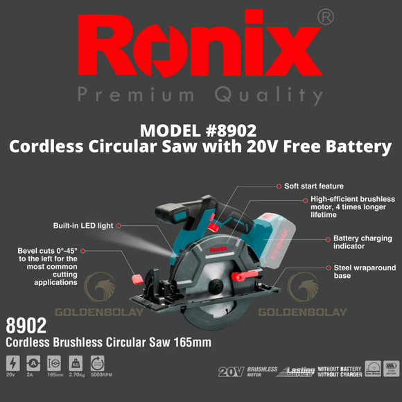 Ronix Cordless Brushless Circular Saw 20V battery Model #8902