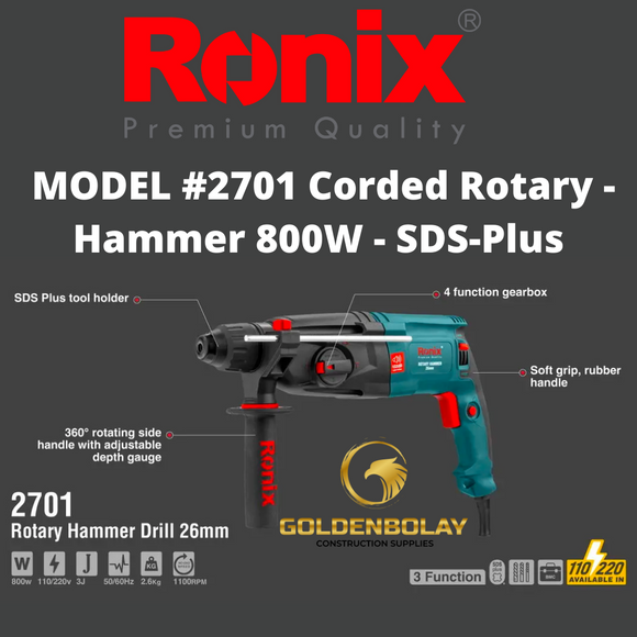 RONIX Corded Rotary Hammer, 800W, SDS-Plus, 220V  MODEL #2701