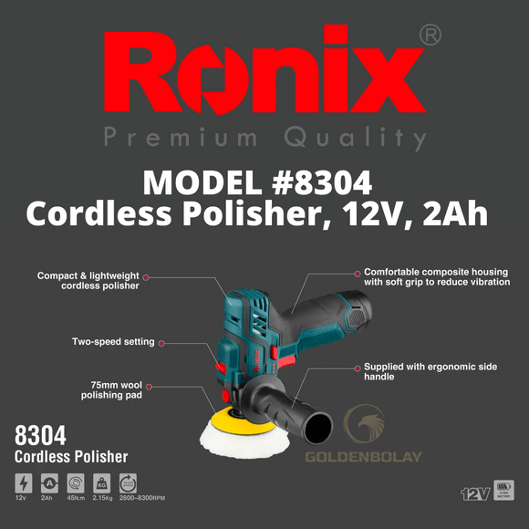 Ronix Cordless Polisher, Free battery 12V, 2Ah Model #8304