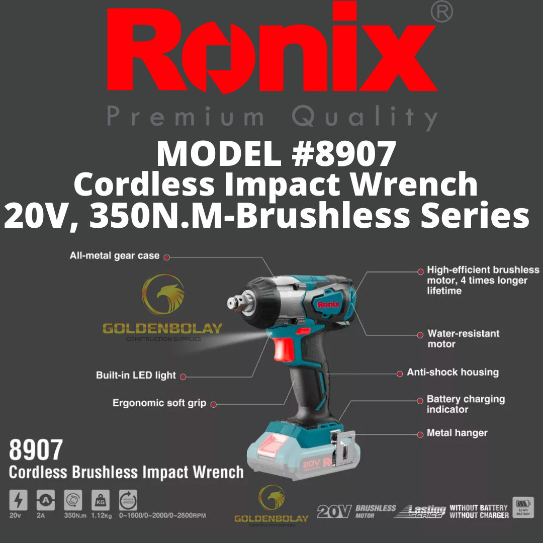 Ronix 8907 3300ipm 2600 Rpm Cordless Impact Wrench Impact Brushless Cordless High-Torque Drive Impact Wrench