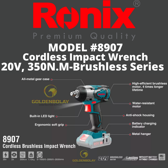 Ronix Cordless Impact Wrench, FREE BATTERY 20V, 350N.M-Brushless Series Model #8907