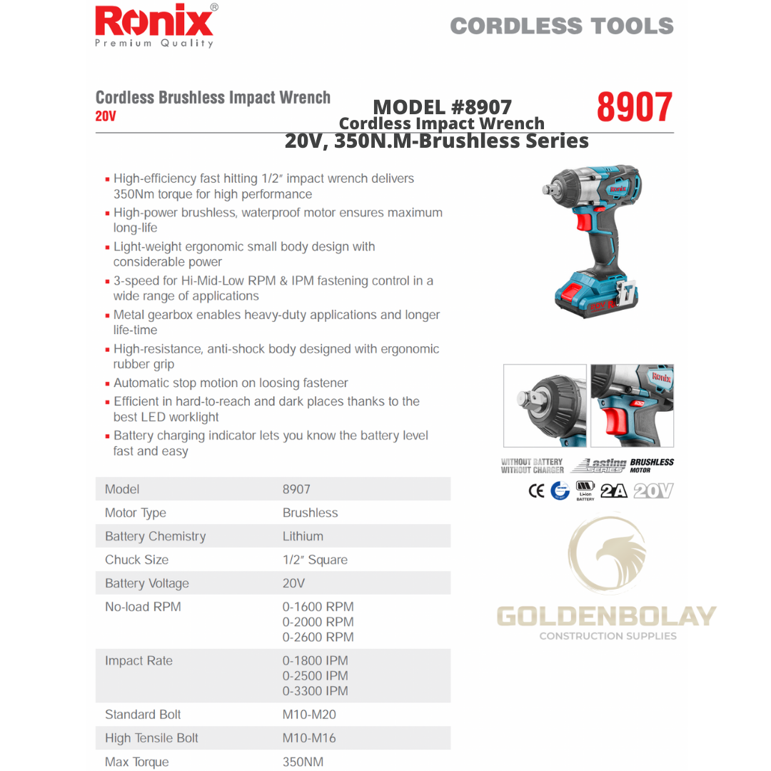 Ronix 8907 3300ipm 2600 Rpm Cordless Impact Wrench Impact Brushless Cordless High-Torque Drive Impact Wrench