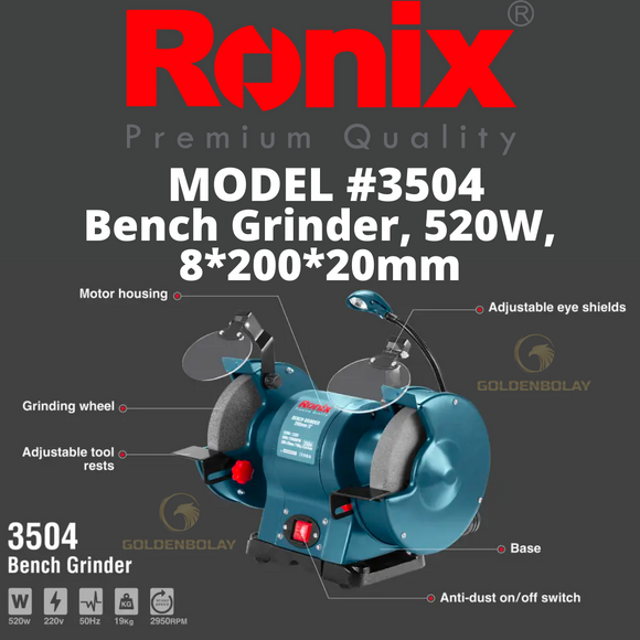 Ronix Bench Grinder, 520W, 8*200*20mm  Model 3504